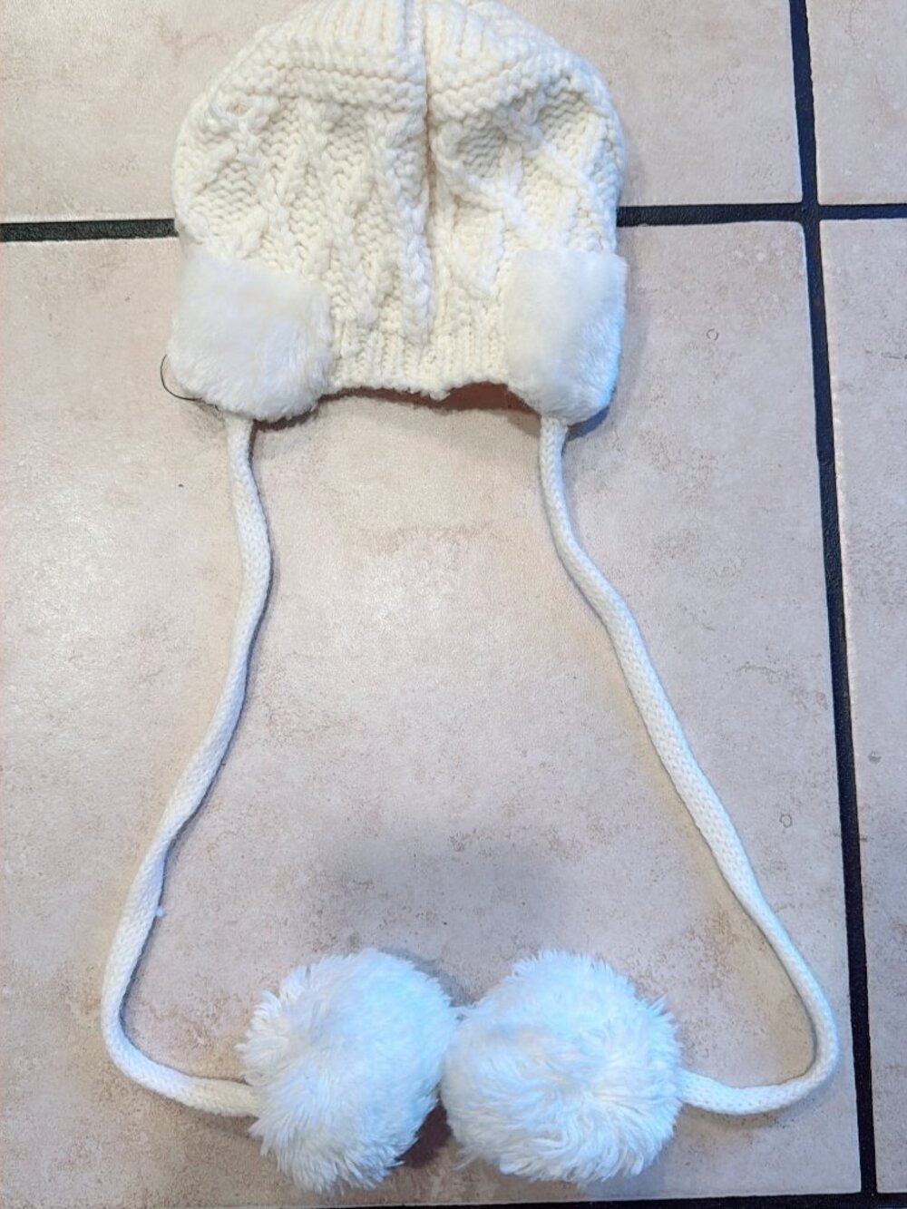 White Cable Knit Faux Fur Earflap Beanie Trapper Hat Pom Poms Braided Ties One S